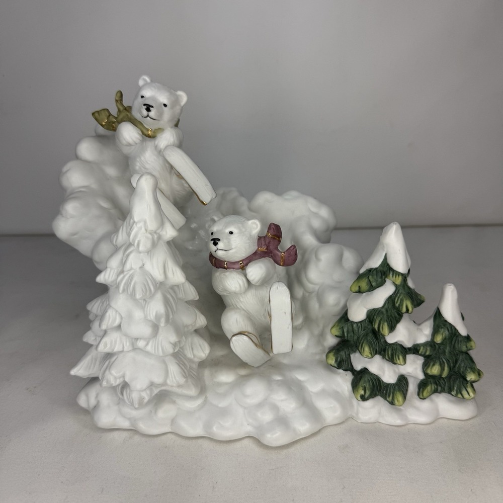 2002 Grandeur Noel Ceramic Christmas Figurine Bear Cubs Snow Holiday Decor‎